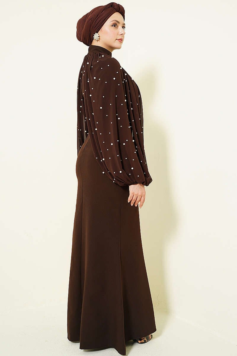 Pearl Detailed Steep Collared Evening Cape Dress [Pre-Order]