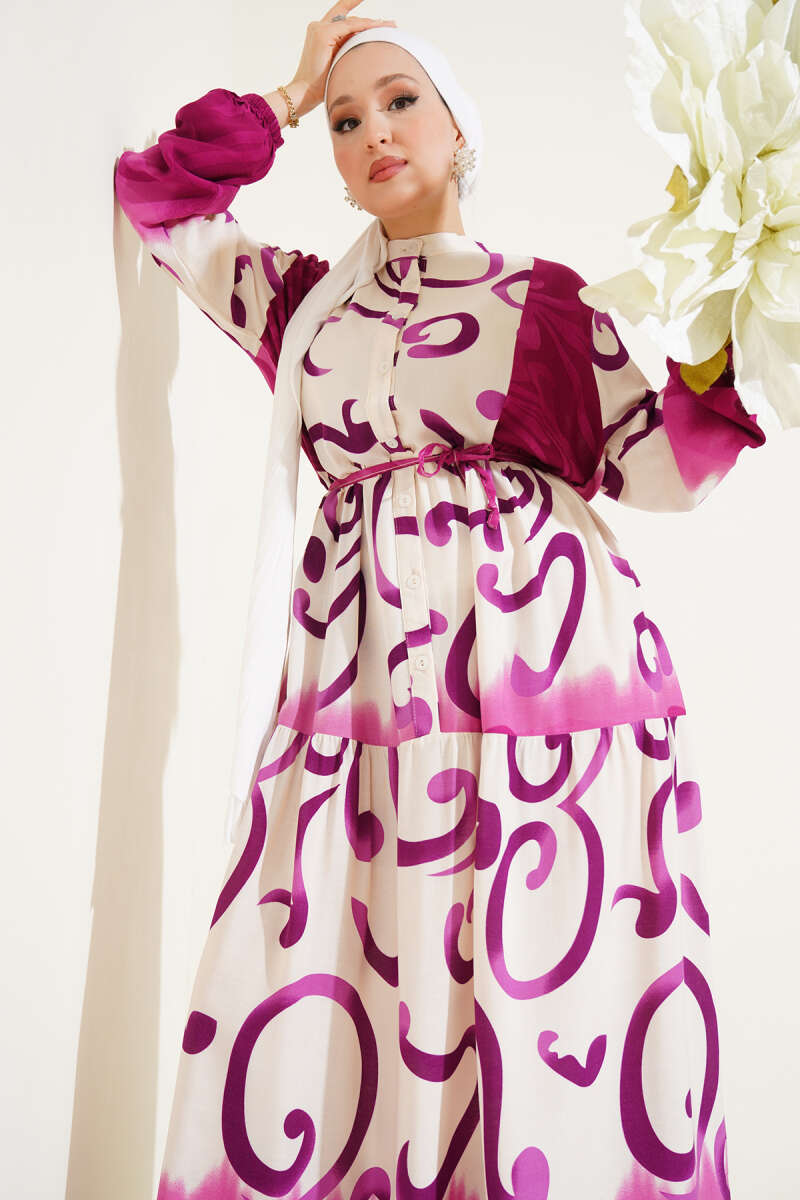 Purple & Black Buttoned Patterned Dress – Strappy Belt