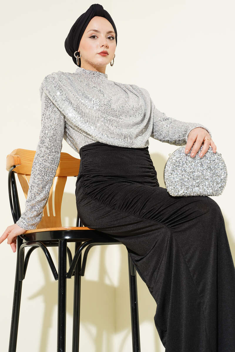 Silver & Emerald Green Sequined Evening Dress | Long Sleeve Modest Gown