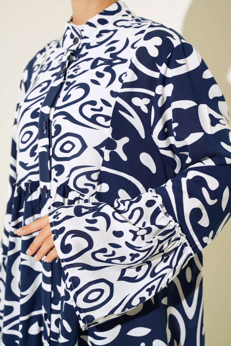Ethnic Print Buttoned Maxi Dress — Navy Blue
