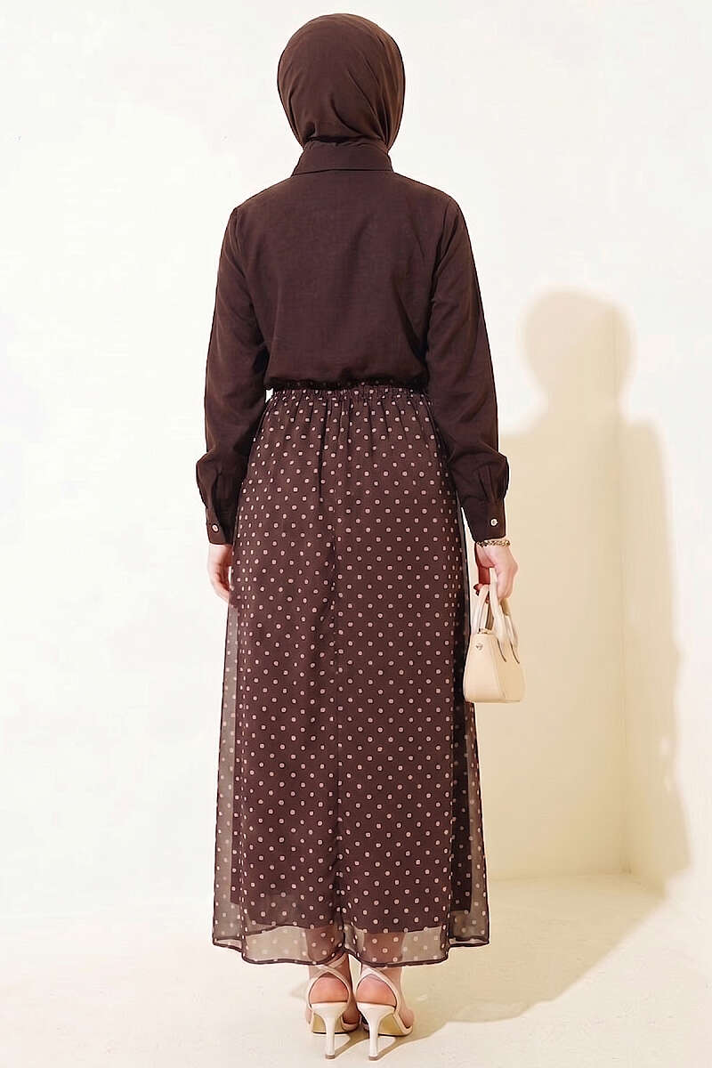 Polka Dot Patterned Two-Pieces Skirt and Scarf Set in Dark Brown