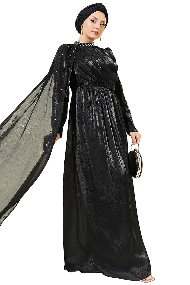 Modest One-Shoulder Cape Evening Dress with Embellishment – Brown