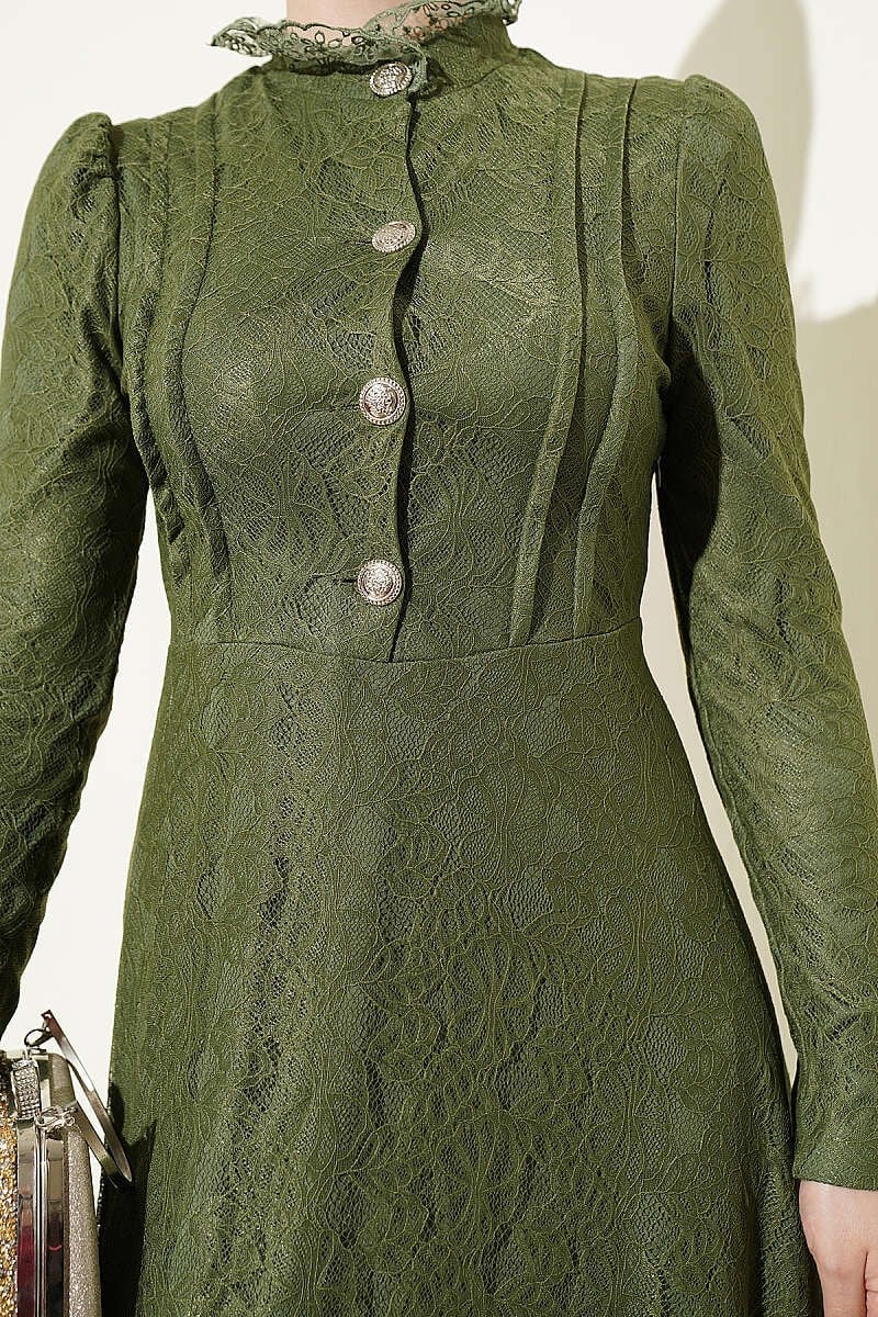 Buttoned Evening Lace Dress | Khaki [Pre-Order]