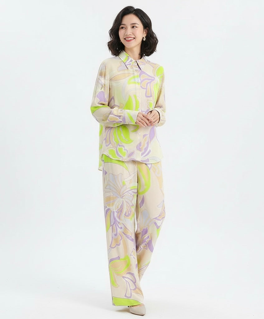 French Retro Printed Shirt & Straight-leg Trousers Set | Modest Two-Pieces Suit