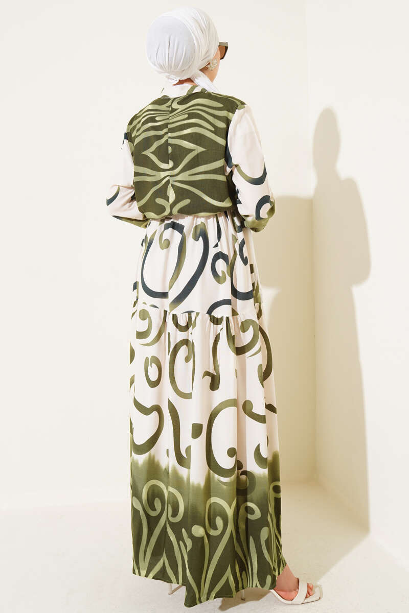Patterned Summer Dress | Drawstring Belt | Khaki & Indigo [Pre-Order]