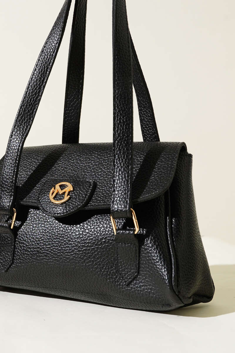 Black Single Compartment Magnetic Bag with Emblem