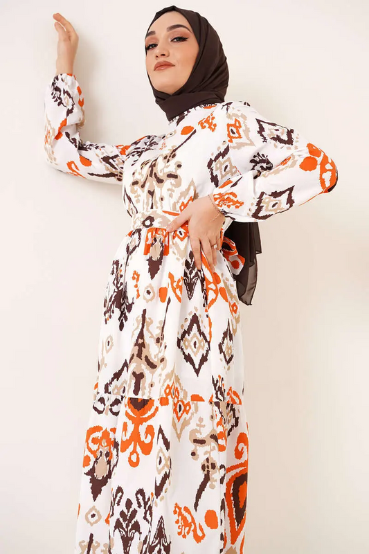 Brown Patterned Modest Dress