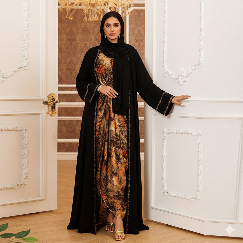 Printed Long Luxury Robe - Premium Modest Abaya Loungewear | neomodest