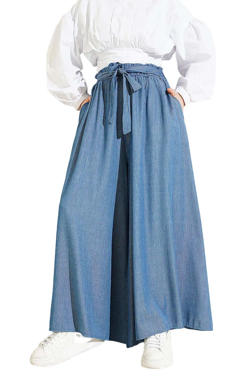 Oversize Indigo Trousers with Tie-Up Hem
