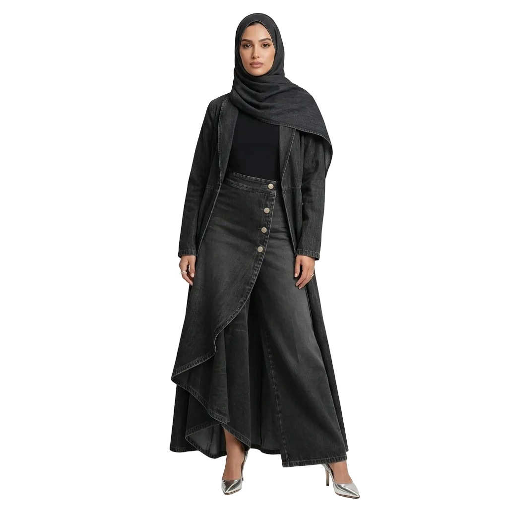 Woman wearing a black hijab, black top, and black denim skirt with button details on a white background