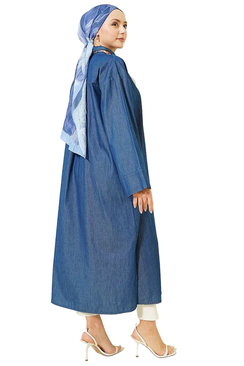 Loose-Fit Long Denim Tunic Dress with Metal Buttons [Pre-Order]