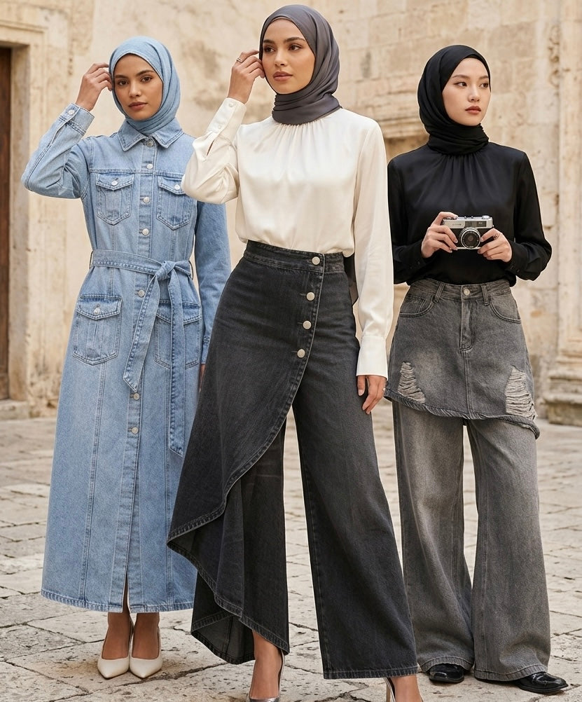 Three women wearing hijabs and denim outfits standing in front of a stone building.