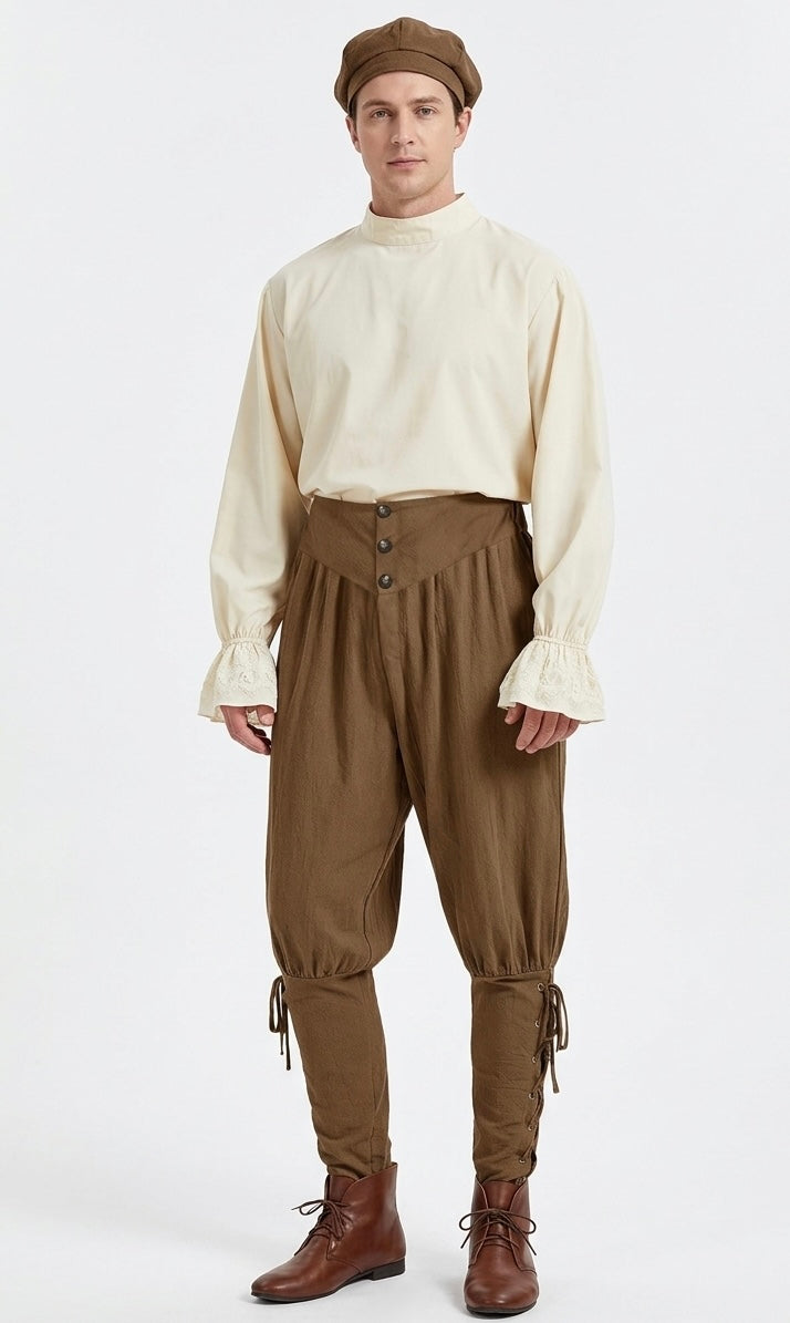 Person wearing a historical outfit with a white shirt, brown pants, and hat on a white background