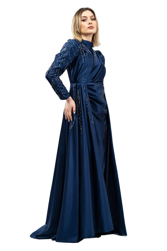 Modest Stone Detailed Satin Evening Dress Navy Blue