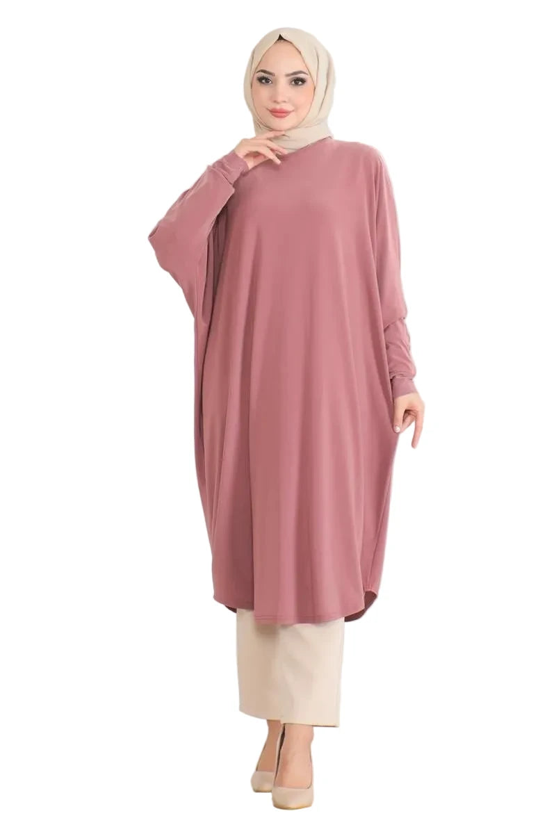 NEOMODEST Bat Sleeve Loose Tunic – Rose Pink Modest Dress
