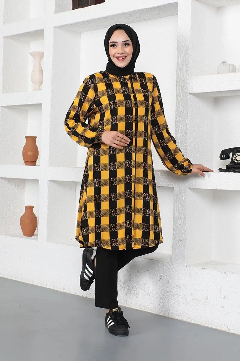 NEOMODEST Plaid Viscose Modest Tunic-Mustard