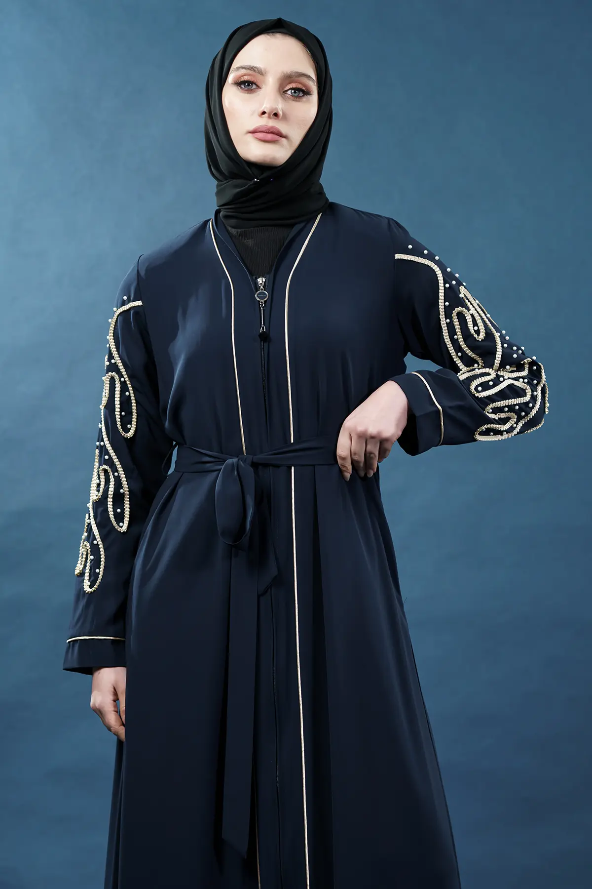 NEOMODEST Zippered Embellished Abaya | Navy