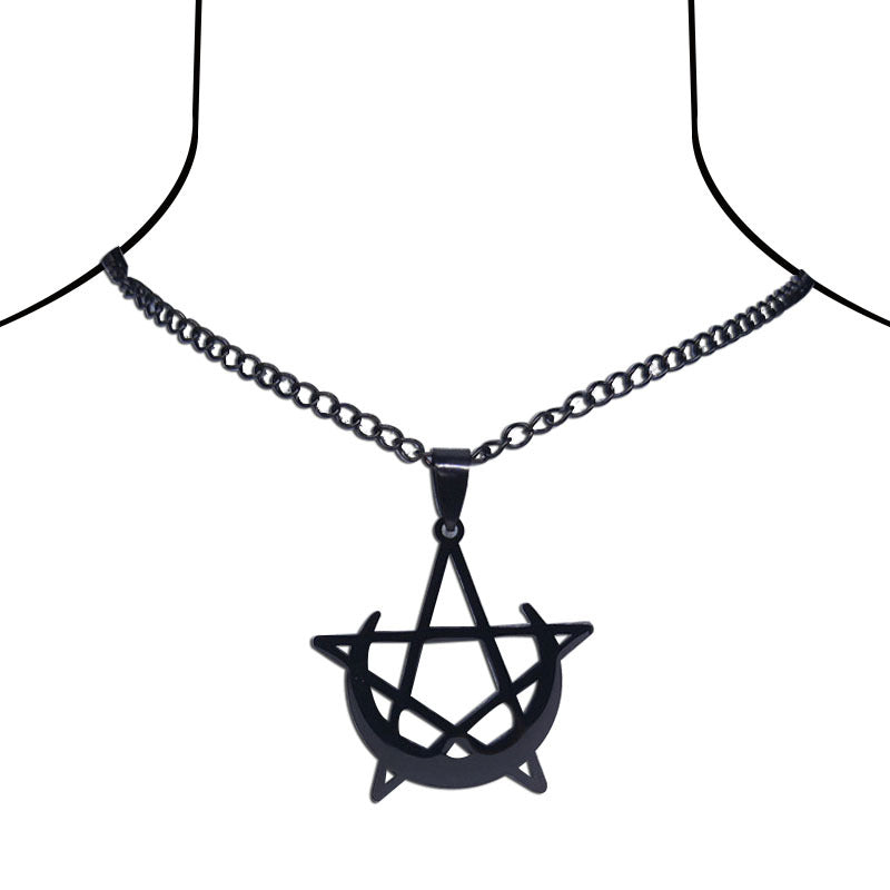 Stainless Steel Gothic Moon And Pentagram Pendant Necklace