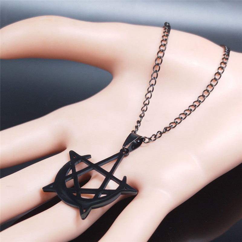 Stainless Steel Gothic Moon And Pentagram Pendant Necklace