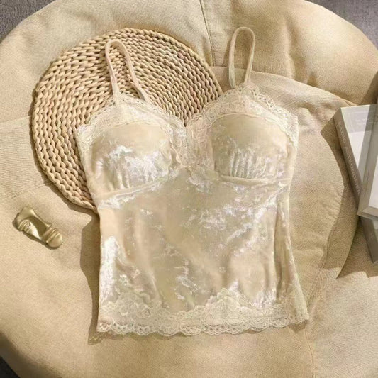 Small Sling Velvet Top, Lace Underwear Top With Chest Pad