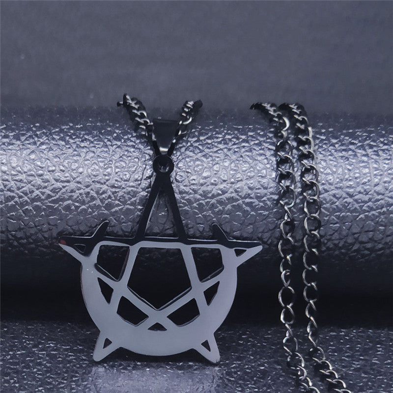 Stainless Steel Gothic Moon And Pentagram Pendant Necklace