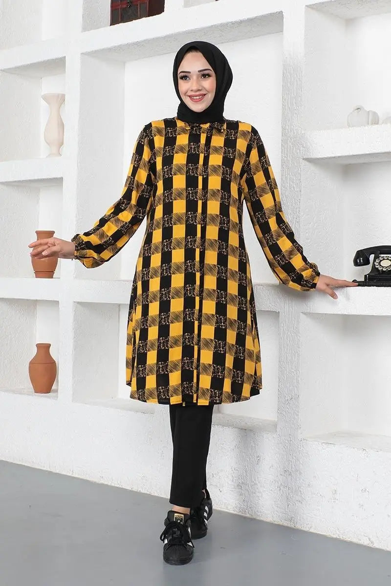 Plaid Viscose Long Sleeve Modest Tunic-Mustard