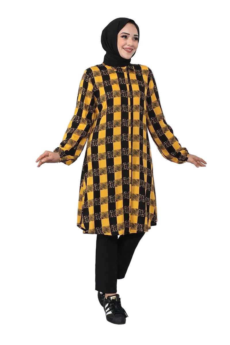 Plaid Viscose Modest Tunic-Mustard