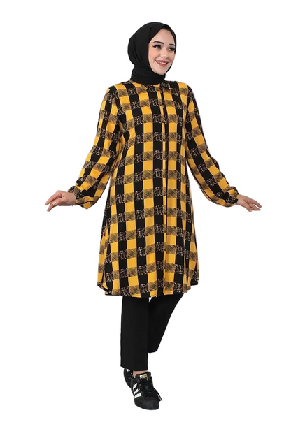 Plaid Viscose Modest Tunic-Mustard