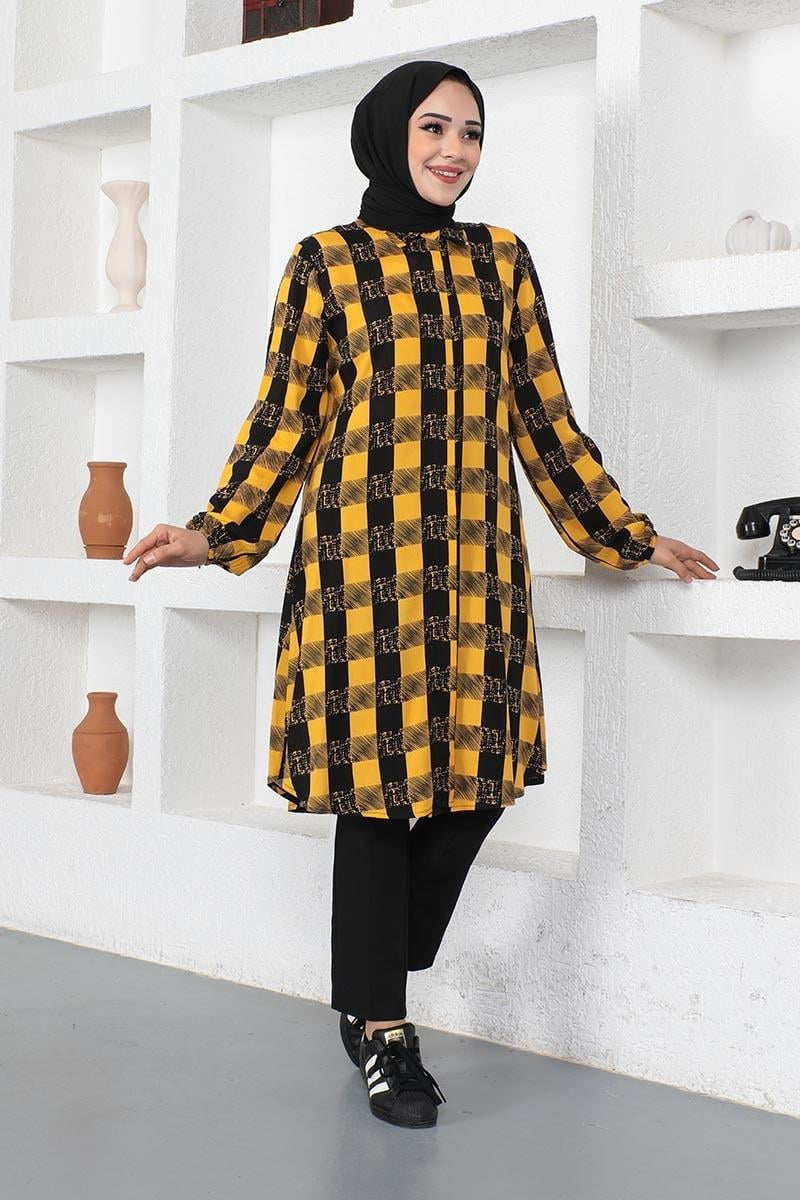 Plaid Viscose Modest Tunic-Mustard Colour