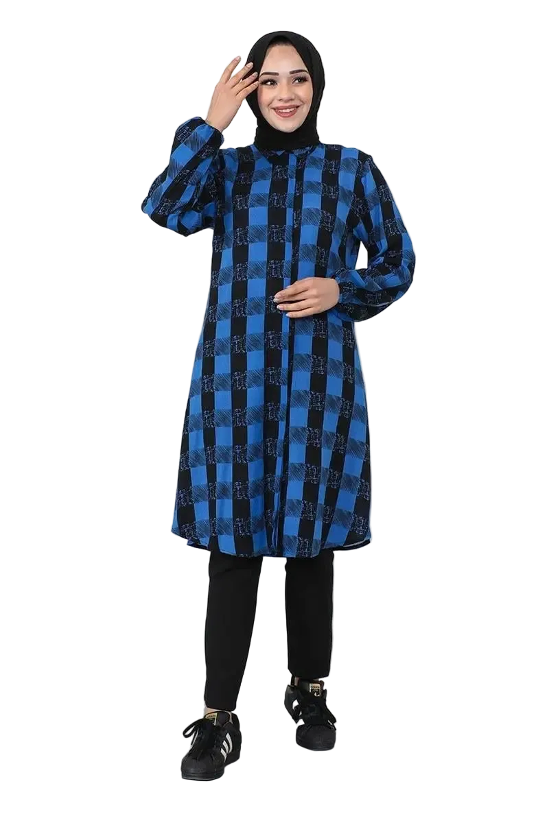 Plaid Viscose Modest Tunic-Saxe Blue