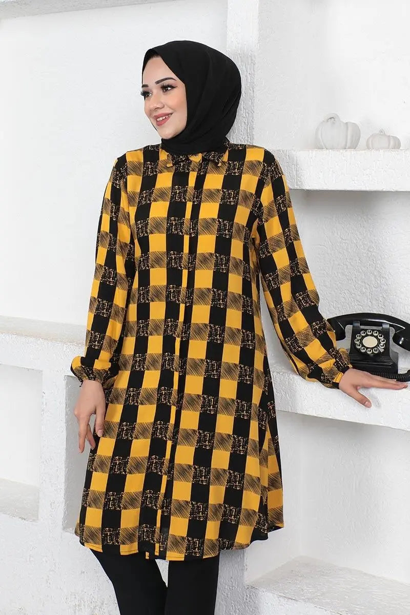 Plaid Viscose Modest Tunic Top-Mustard