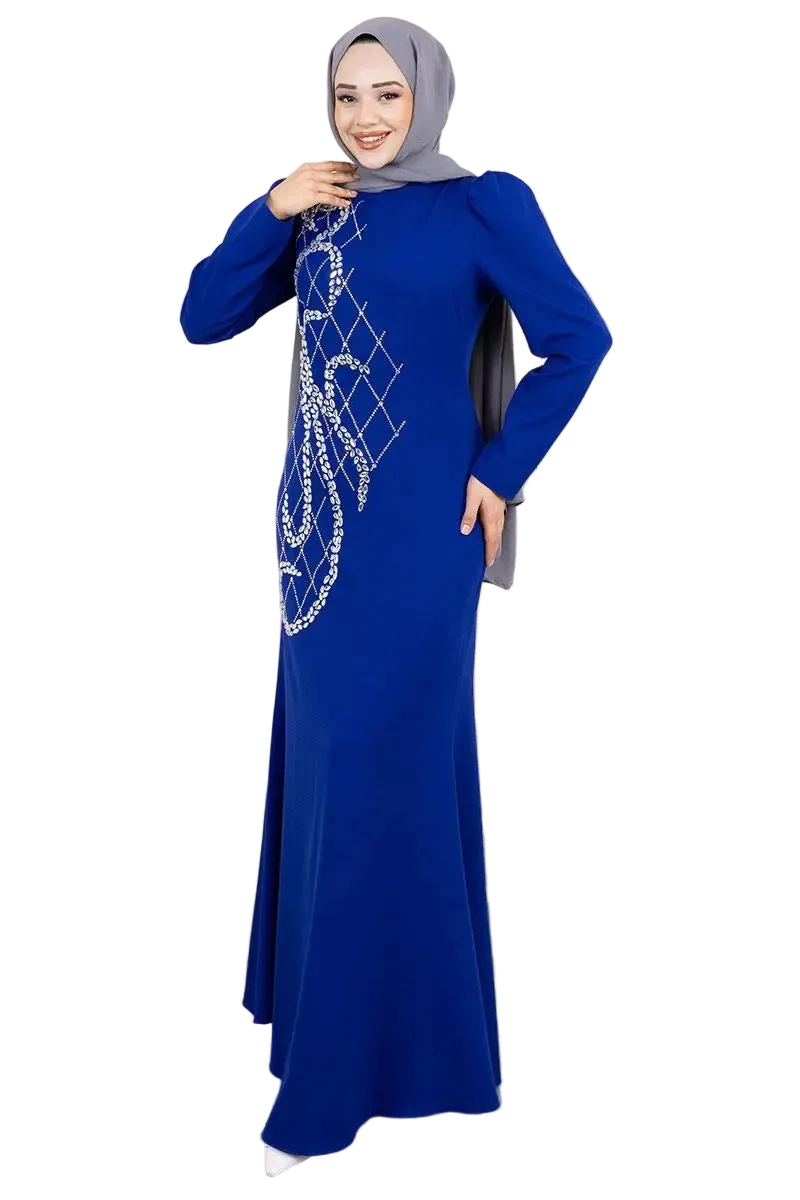 Royal Blue Crepe Evening Dress with stone embroidery at NEOMODEST. Elegant modest occasionwear for weddings, celebrations and evening events.