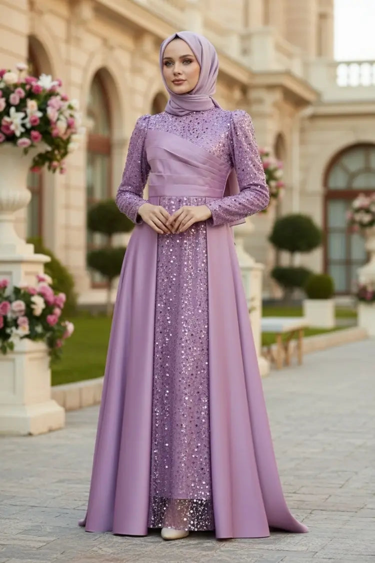 Sequined Draped Satin Evening Dress | Lilac | NEOMODEST 