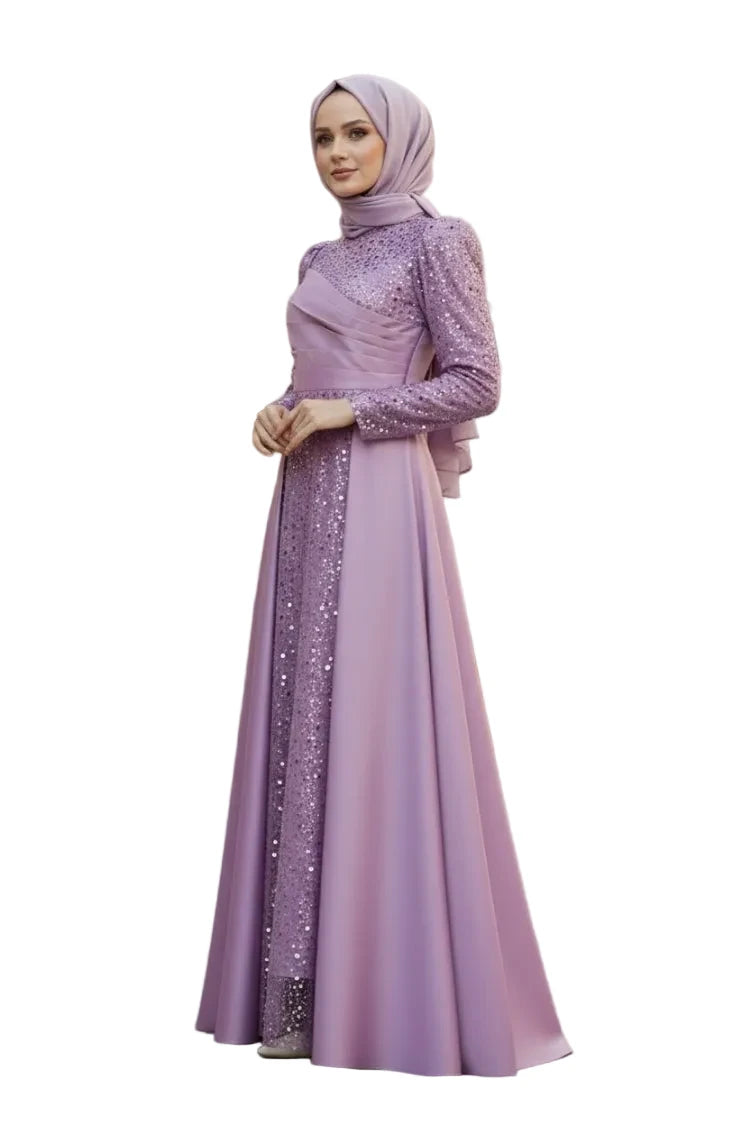 Sequined Draped Satin Evening Dress | Lilac | NEOMODEST London