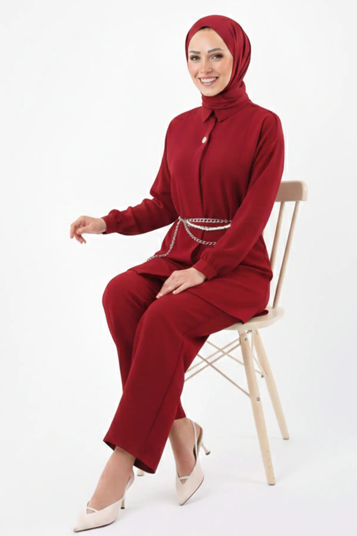 Two-pieces Modest Co-ord Suit-Claret Red