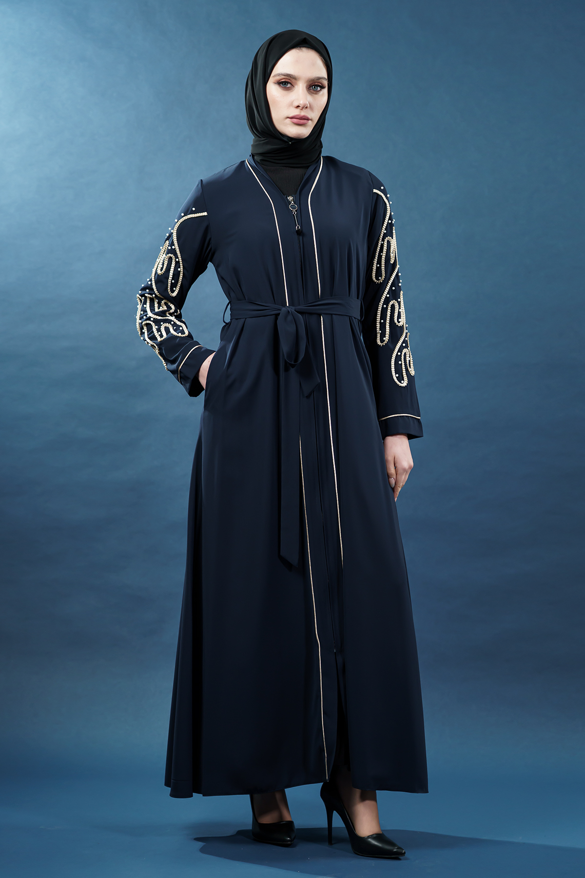 Zippered Luxury Embellished Abaya | Navy