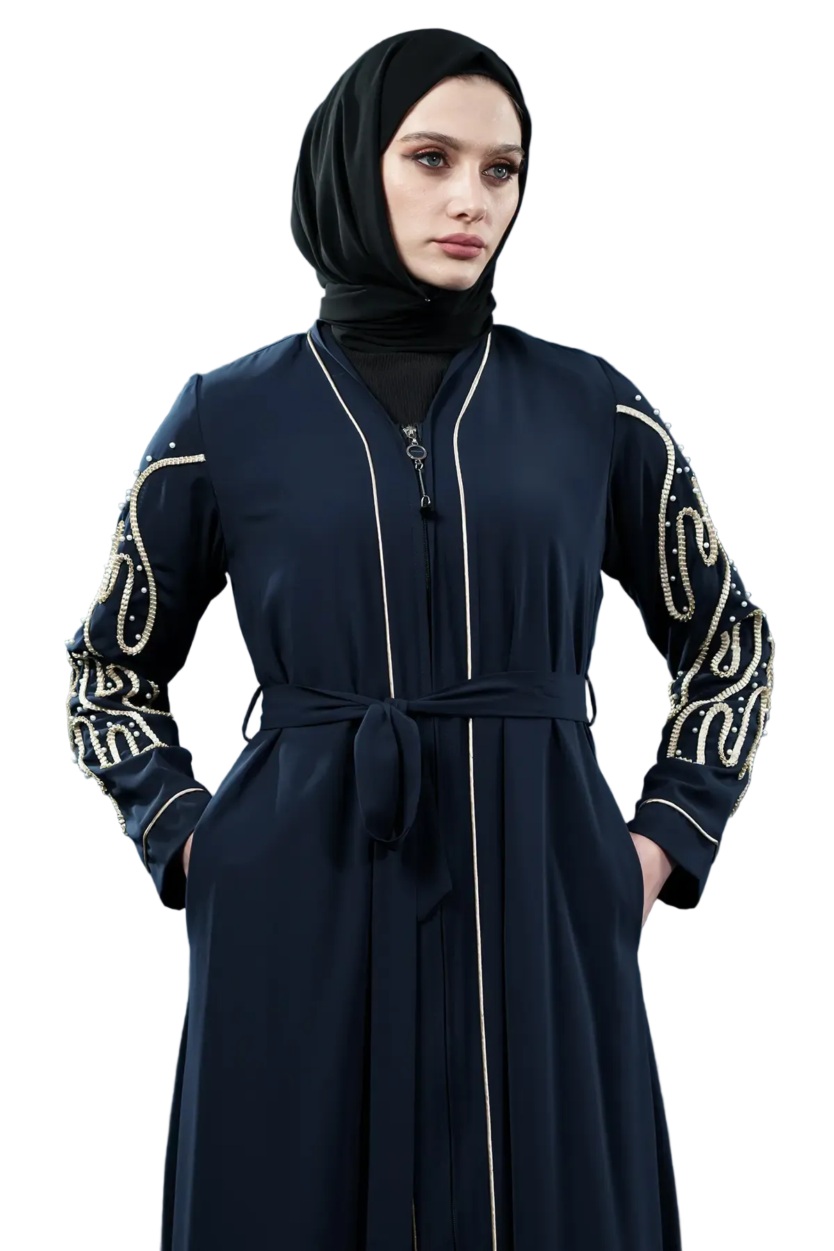 Zippered Pearl Embellished Abaya | Navy