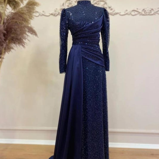 Langärmliges Pailletten-Abendkleid, schlichtes Partykleid