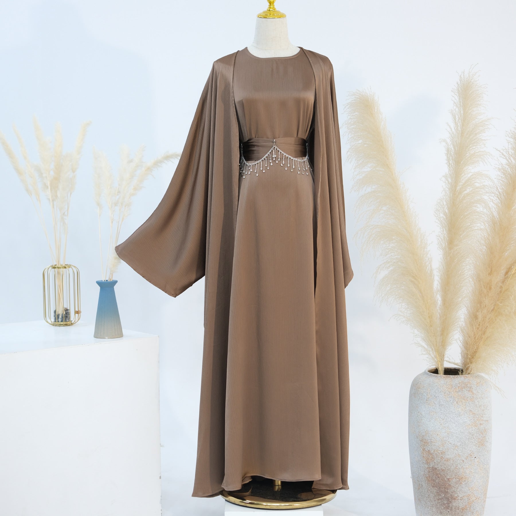 Crystal Chain Two-Piece Abaya Set | Luxury Modest Suit