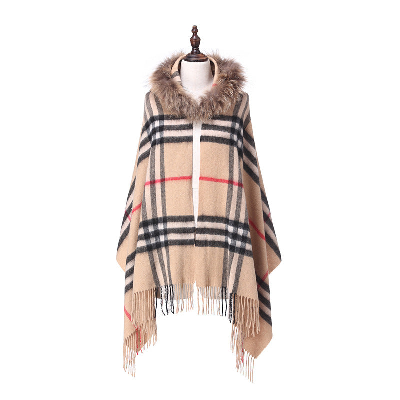 Women's Fur Collar Wool Plaid Scarf