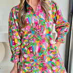 Abstract Printed Lantern Sleeve Buttoned Mini Dress - Tunic