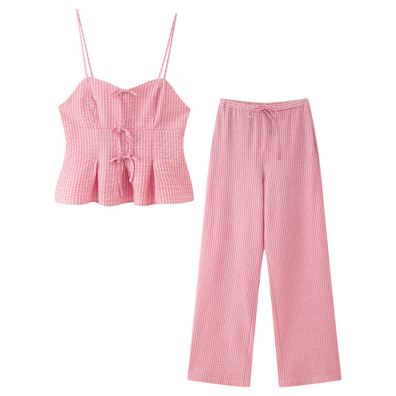 Bow Striped Top & Wide Leg Pants Set