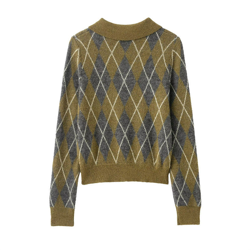 Women's Long-sleeve Buttoned Diamond-patterned Knitted Sweater