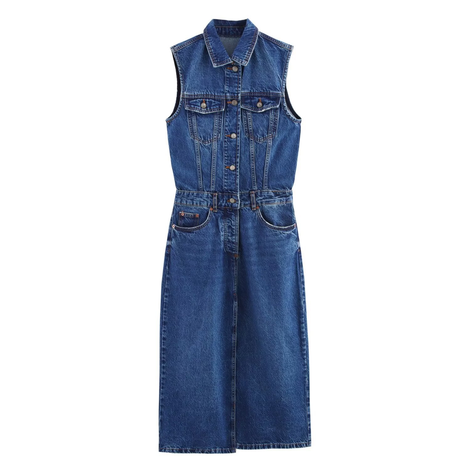 Sleeveless Denim Midi Dress – High-Waist Pencil Silhouette