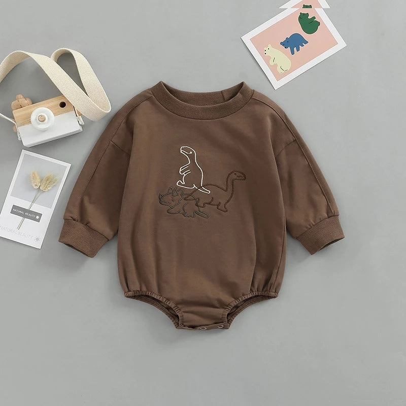 2022 autumn babies and toddlers solid color one-piece climbing suit European and American children’s cartoon dinosaur