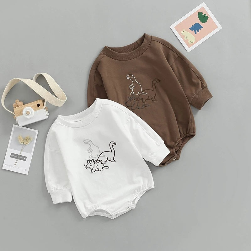 2022 autumn babies and toddlers solid color one-piece climbing suit European and American children’s cartoon dinosaur