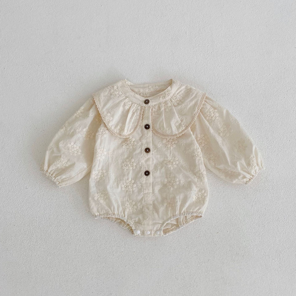 New cotton baby girl baby flower embroidery large collar long sleeve loose Ha jumpsuit for autumn 2022 - Beige / 73cm
