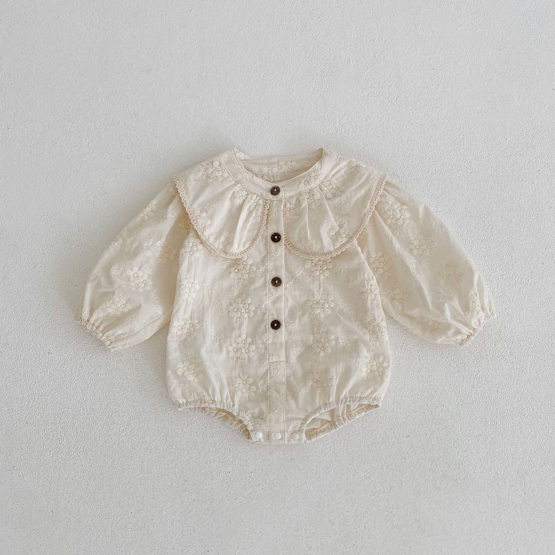 New cotton baby girl baby flower embroidery large collar long sleeve loose Ha jumpsuit for autumn 2022 - Beige / 73cm