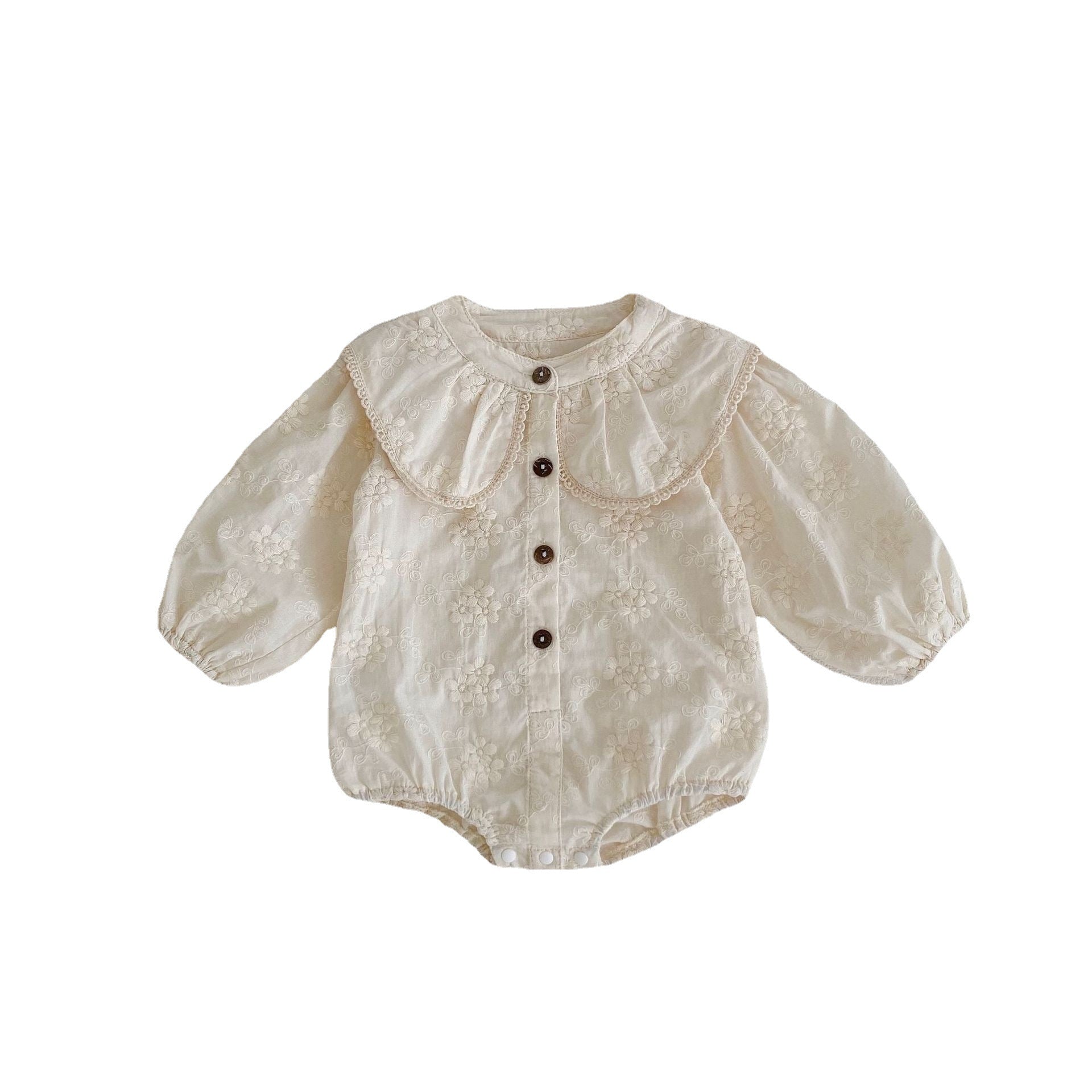 New cotton baby girl baby flower embroidery large collar long sleeve loose Ha jumpsuit for autumn 2022
