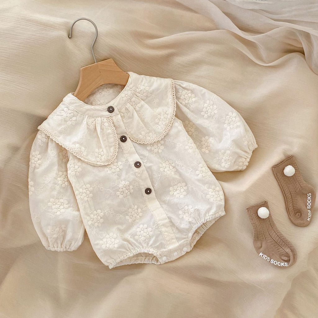 New cotton baby girl baby flower embroidery large collar long sleeve loose Ha jumpsuit for autumn 2022